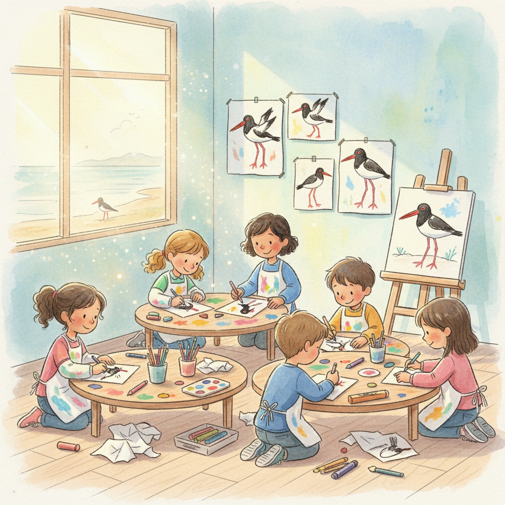 ninos-y-ninas-felices-dibujando-pilpilenes- Estudiantes protegen aves playeras mediante el dibujo
